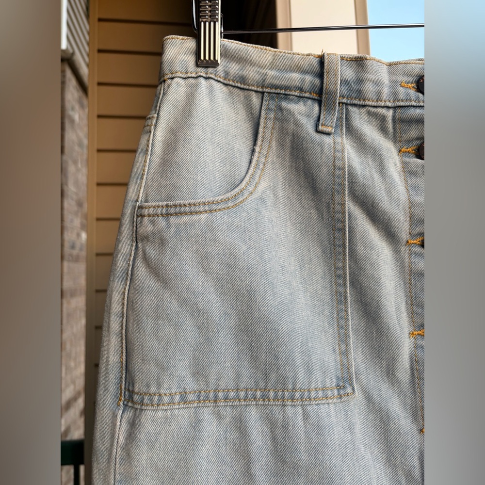 🆕 Happily Grey Button Front Denim Midi Skirt Pockets Party Casual Chic Size 9/28 - Picture 9 of 15